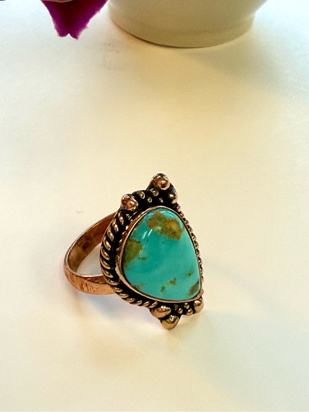 Turquoise Teardrop Ring Copper Over Sterling Adjustable